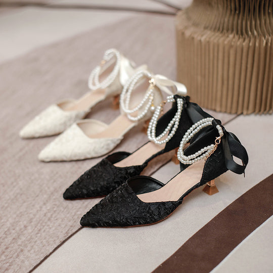 Damen elegante spitze Slingback-Pumps mit luxuriösem Perlenschmuck EB