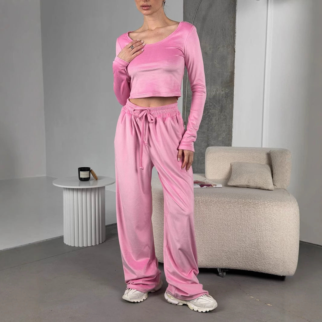 Damen samtiges bauchfreies Langarm-Crop-Top mit weitem Rundhalsausschnitt EB