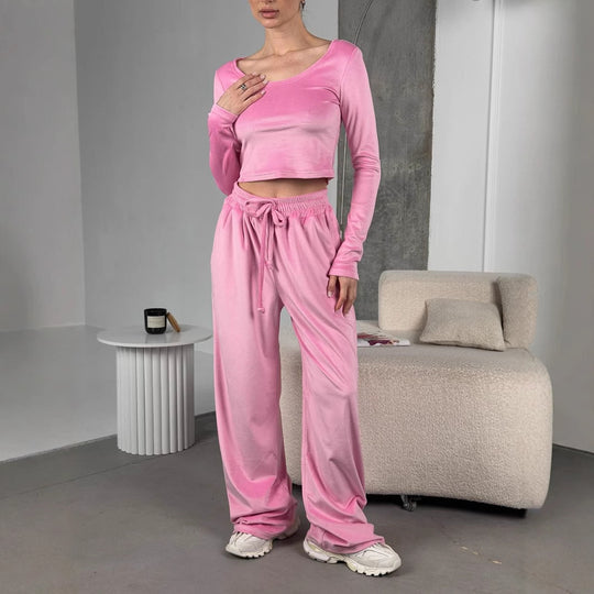 Damen samtiges bauchfreies Langarm-Crop-Top mit weitem Rundhalsausschnitt EB