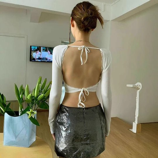 Damen Crop-Top mit Rüschendetails und Rückenbindung EB