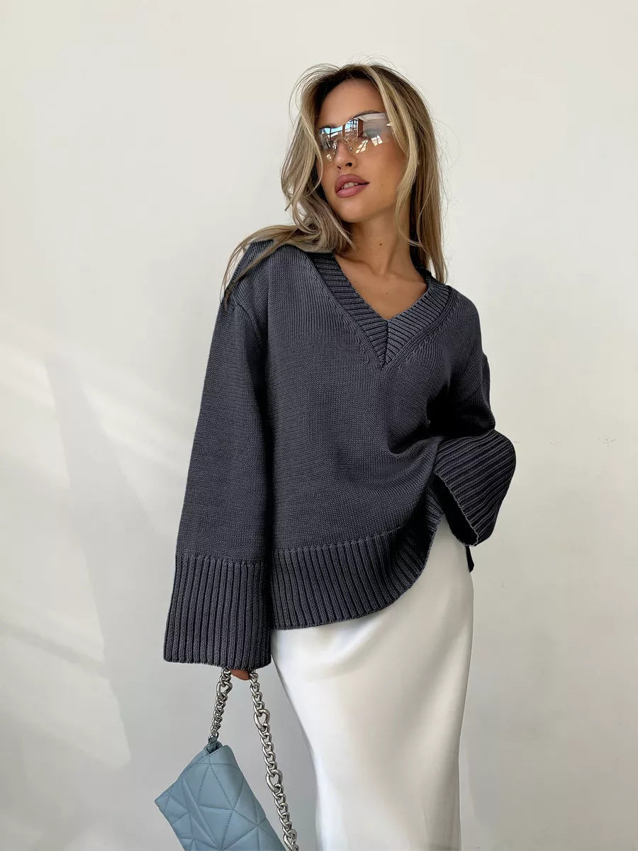 Damen nan oversized Feinstrickpullover mit tiefem V-Ausschnitt, gerippten Bündchen und lockerer Silhouette EB