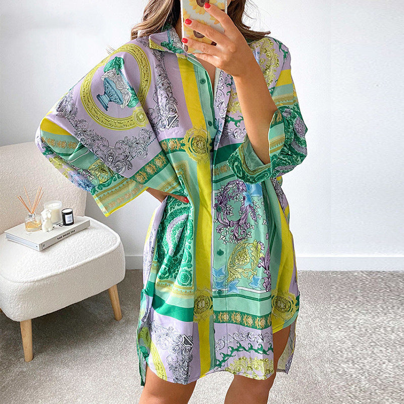 Damen stylisches Oversized-Hemdkleid mit buntem Muster und weit geschnittenen Ärmeln EB