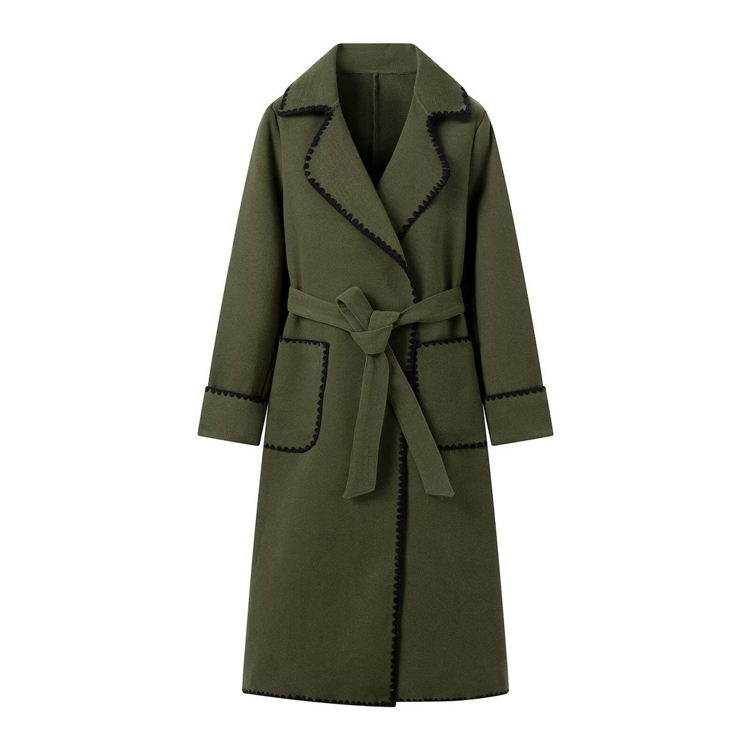 Damen eleganter Trenchcoat mit dekorativem Kontrastborte und praktischen Taschen EB