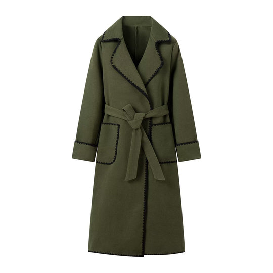 Damen eleganter Trenchcoat mit dekorativem Kontrastborte und praktischen Taschen EB