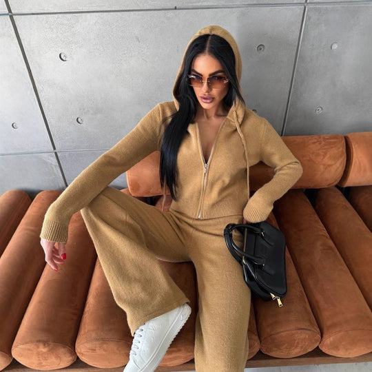 Damen Feinstrick-Loungewear-Set mit taillierter Kapuzenzipjacke und weiter Palazzo-Hose EB