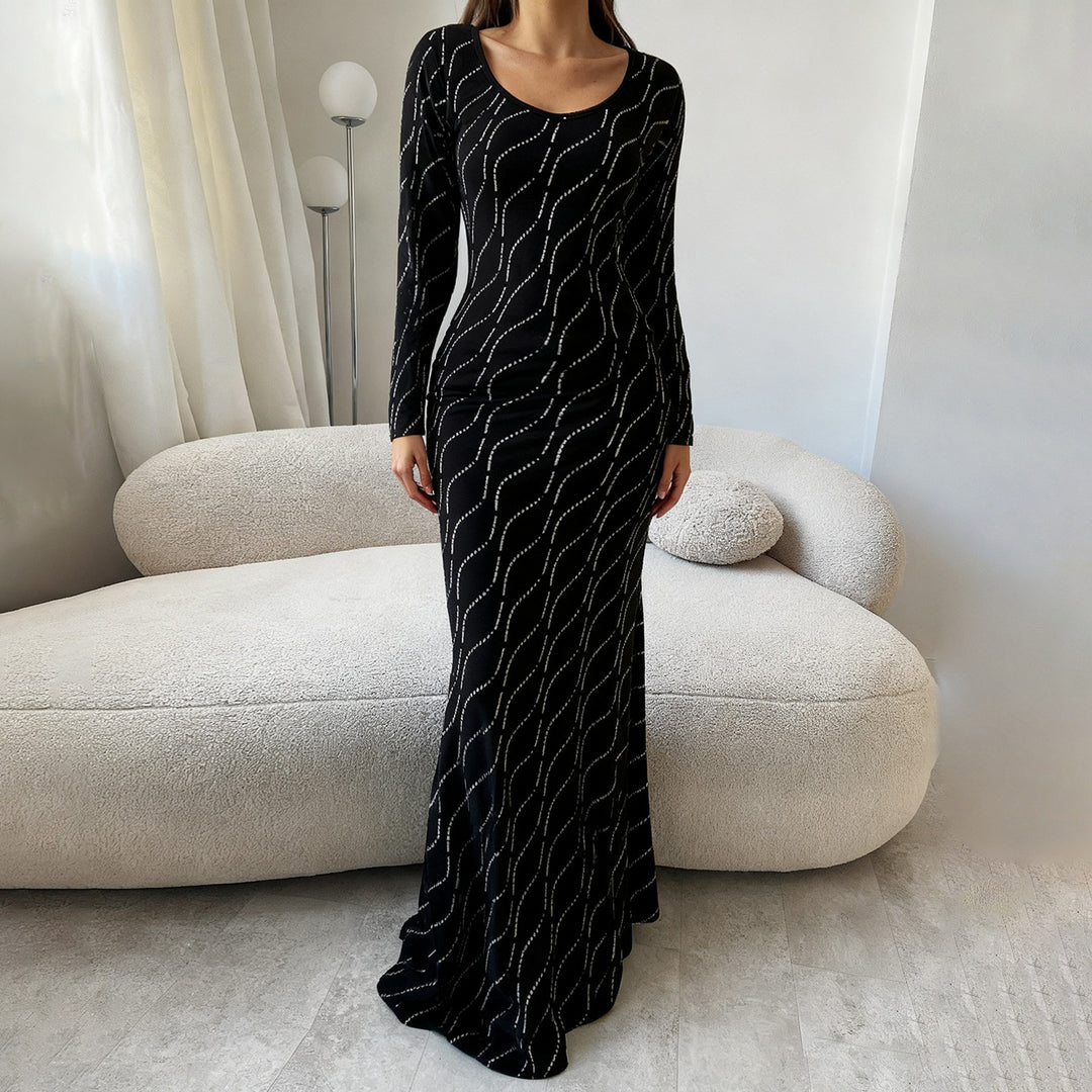 Damen nan langärmeliges Bodycon-Mermaid-Abendkleid mit Wellen-Strassbesatz EB