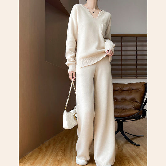 Damen gemütliches Strickensemble mit weitem Pullover und weiten Hosen EB