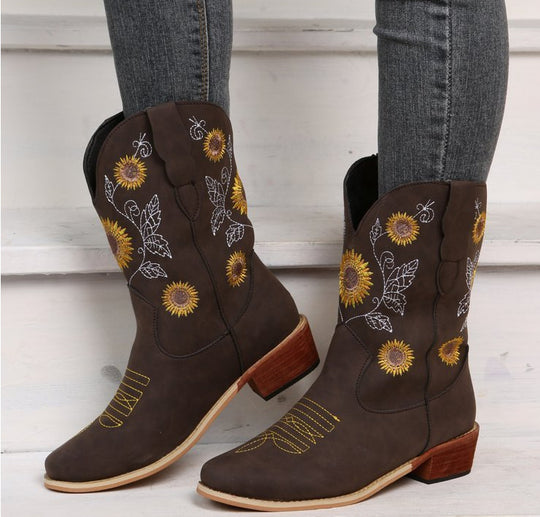 Damen Cowboy-Stiefel mit floralem Stickdesign und robustem Blockabsatz EB
