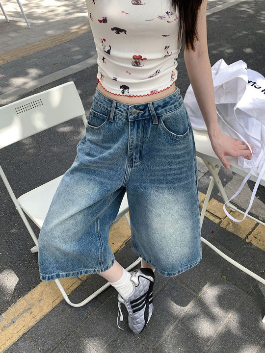 Damen Weite Denim-Culotte-Shorts mit hohem Bund und lässigem Design EB