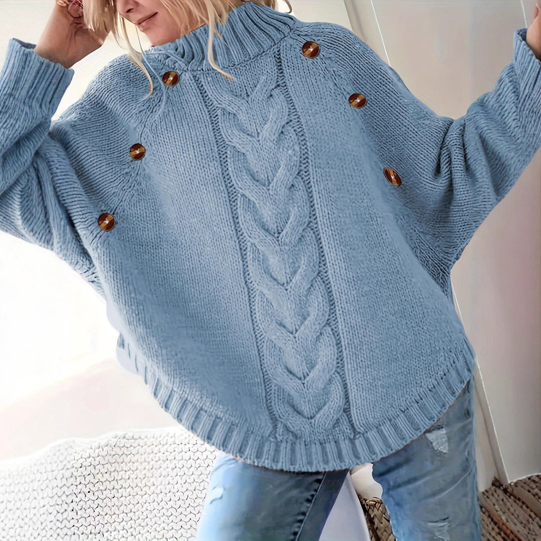 Damen Oversized Strickpullover mit Hochkragen und dekorativen Knopfdetails EB