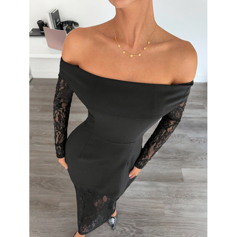 Damen Spitzen Abendkleid mit schulterfreiem Design und langen Ärmeln EB