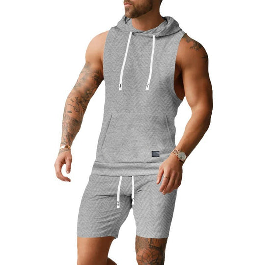 Herren nan ärmelloses Kapuzenweste-Set aus strukturiertem Baumwollmix mit Kängurutasche und Tunnelzug-Shorts EB