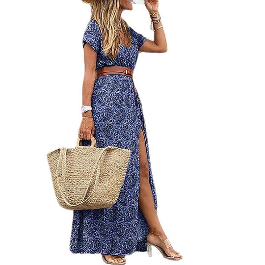 Damen Maxikleid mit floralem Paisleymuster und seitlichem Schlitz EB