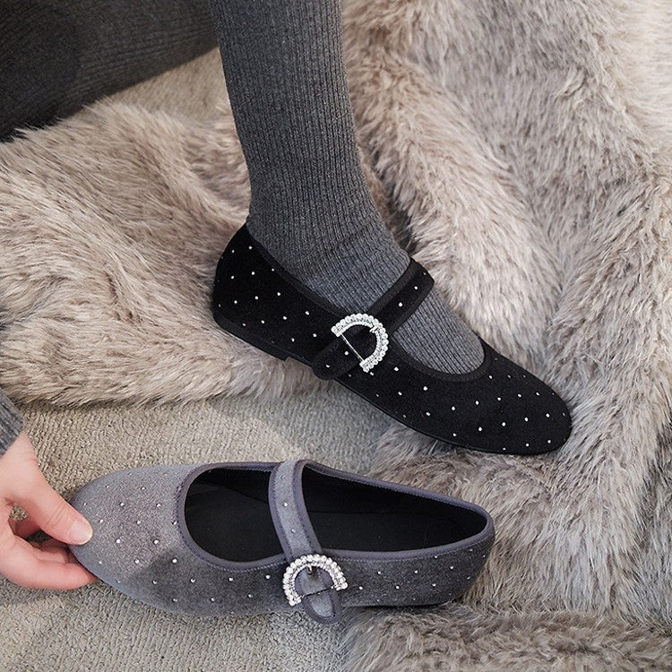 Damen Ballerina-Schuhe mit modischem Riemchen und funkelndem Schmuckdetail EB
