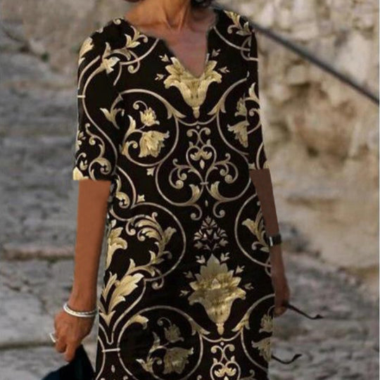 Damen luxuriöses V-Ausschnitt Kleid mit floralem Design und kurzem Ärmel EB
