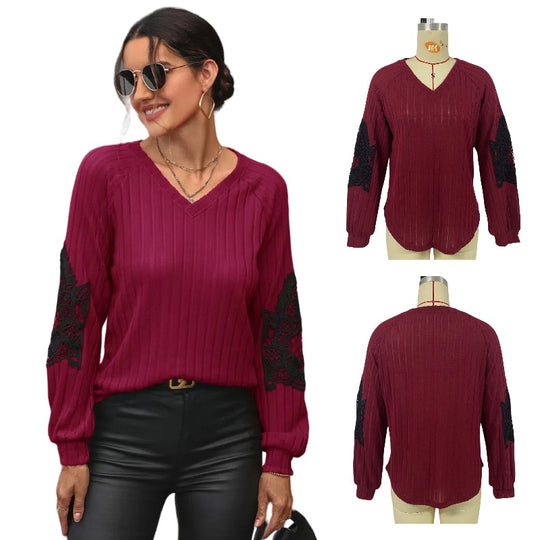 Damen V-Ausschnitt Pullover mit eleganten Spitzenärmeln und Rippstruktur EB