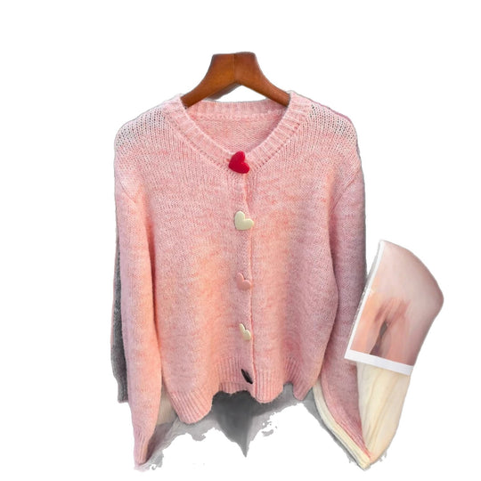 Damen lockerer Strickpullover mit herzförmigen Knöpfen und weitem Schnitt EB