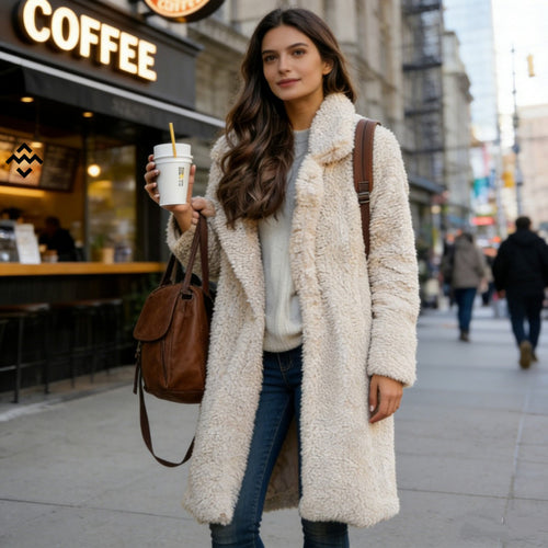 Damen nan kuscheliger Teddy-Mantel mit Oversize-Schnitt und hohem Reverskragen EB