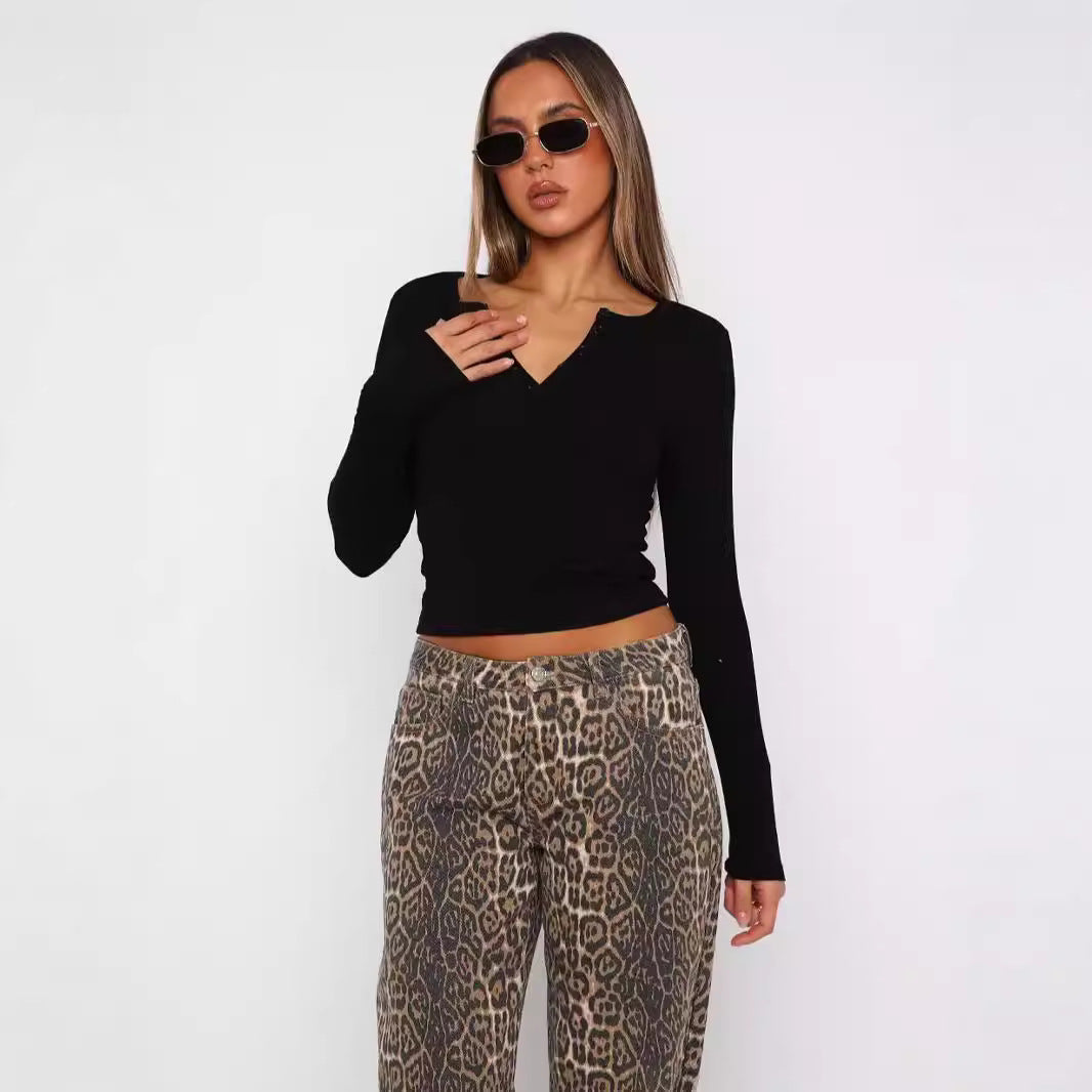 Damen Langarm Crop-Top mit eleganter V-Öffnung und figurbetontem Schnitt EB