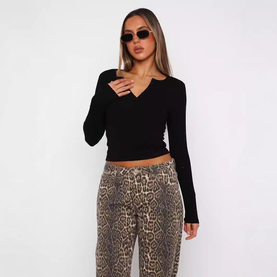 Damen Langarm Crop-Top mit eleganter V-Öffnung und figurbetontem Schnitt EB