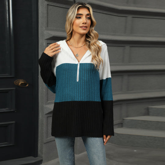 Damen Lässiger Pullover mit hohem Kragen und kontrastierenden Streifen EB