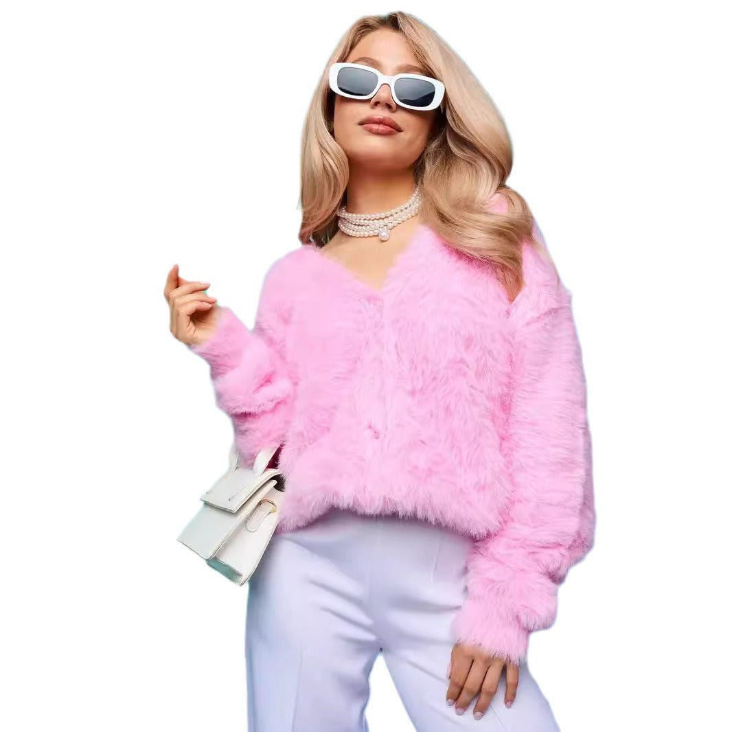 Damen gemütlicher Strickcardigan mit weichem Flauschmaterial und modischem Knopfdetail EB