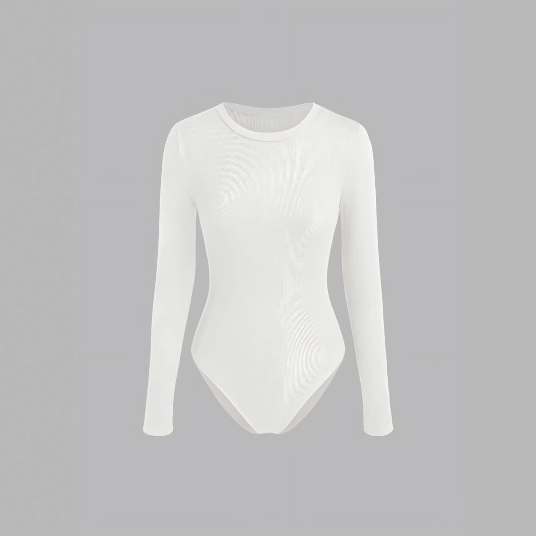 Damen Figurnahes geripptes Langarm-Basicshirt mit Rundhalsausschnitt und Stretch EB
