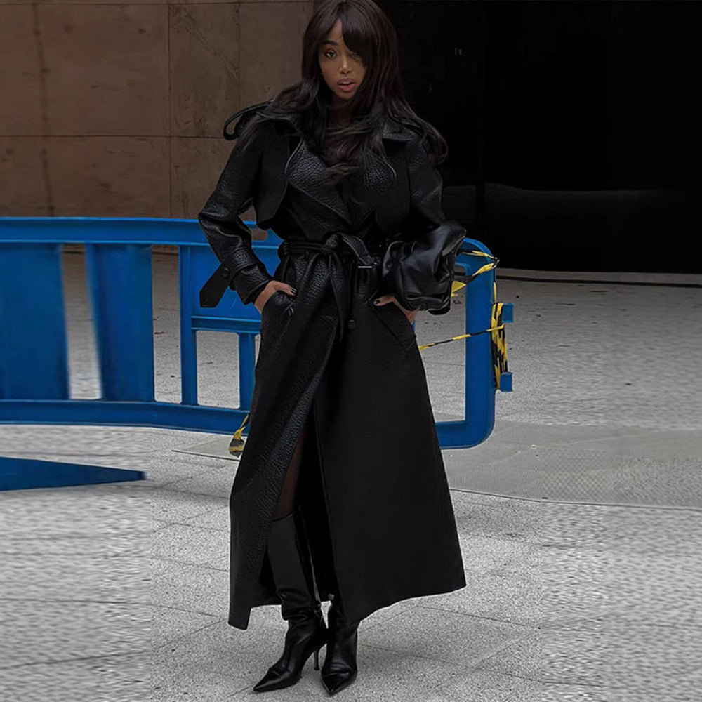 Damen Kunstleder Trenchcoat mit Oberteil und Taillengürtel EB