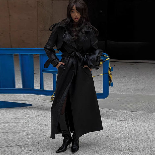 Damen Kunstleder Trenchcoat mit Oberteil und Taillengürtel EB
