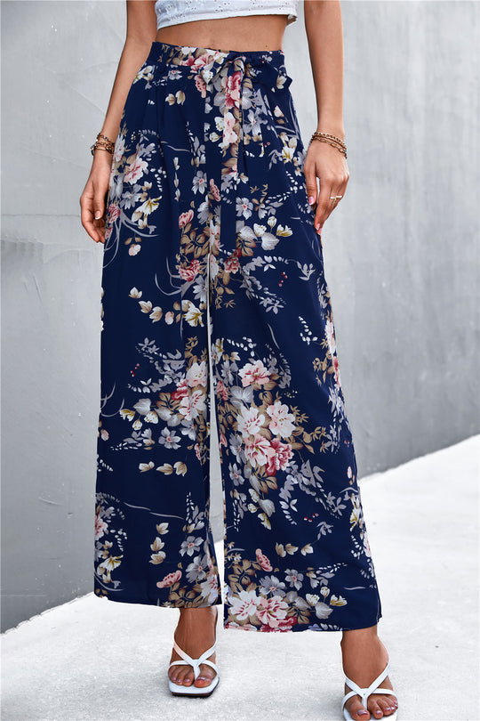 Damen Weite Blumenhose mit elastischem Bund und Bindegürtel EB