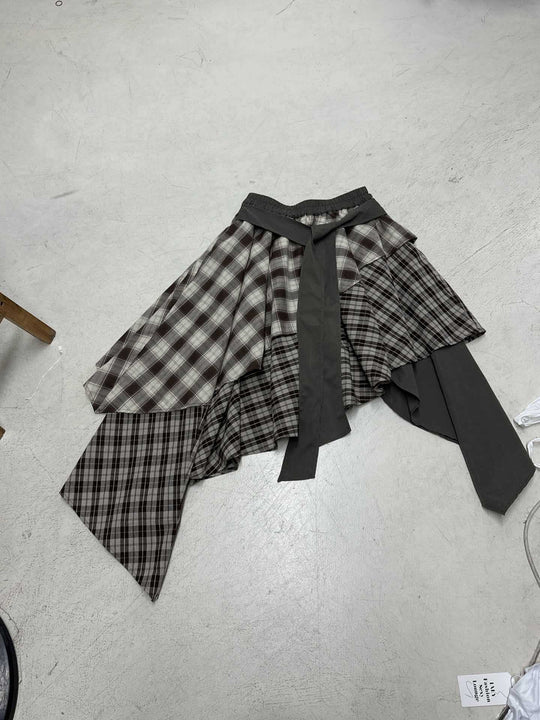 Damen asymmetrischer Wickelrock mit Karomuster und breitem Bindegürtel EB