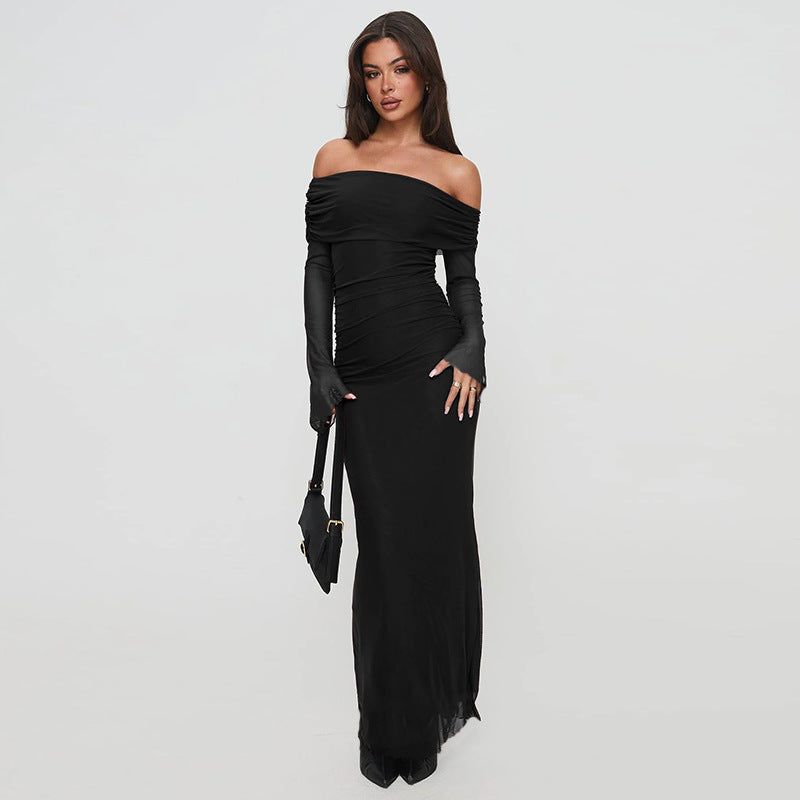 Damen figurbetontes Maxikleid mit schulterfreiem Design und Rüschendetails EB