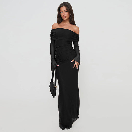 Damen figurbetontes Maxikleid mit schulterfreiem Design und Rüschendetails EB