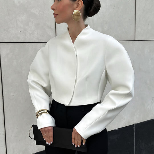Damen Modische kurze Jacke mit voluminösen Ärmeln und hochgeschichtetem Kragen EB