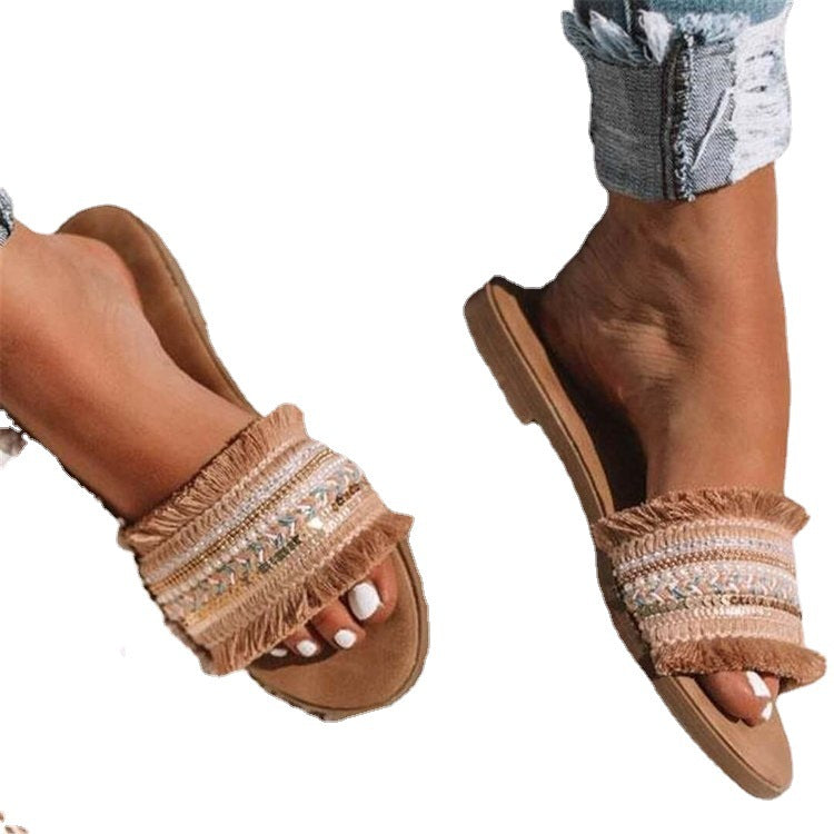 Damen Freizeit-Sandalen mit fransigen Riemen und modischen Stickereien EB