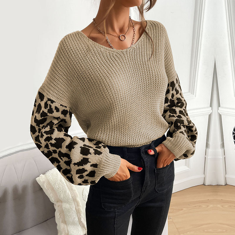 Damen casual Pullover mit modischem Leopardenmuster und lockerer Passform EB