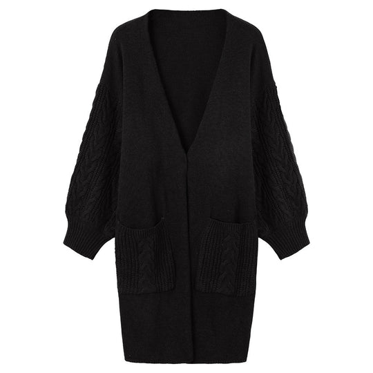 Damen Strickmantel mit tiefem V-Ausschnitt und groben Zopfstrickdetails EB