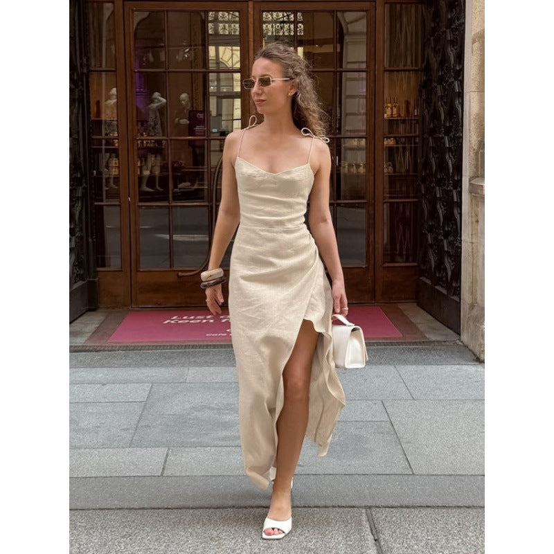 Damen elegantes Maxikleid mit tiefem V-Ausschnitt und seitlichem Schlitz EB