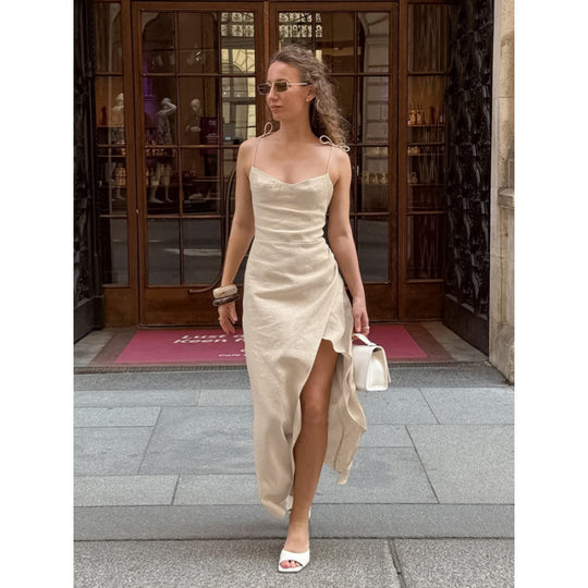 Damen elegantes Maxikleid mit tiefem V-Ausschnitt und seitlichem Schlitz EB
