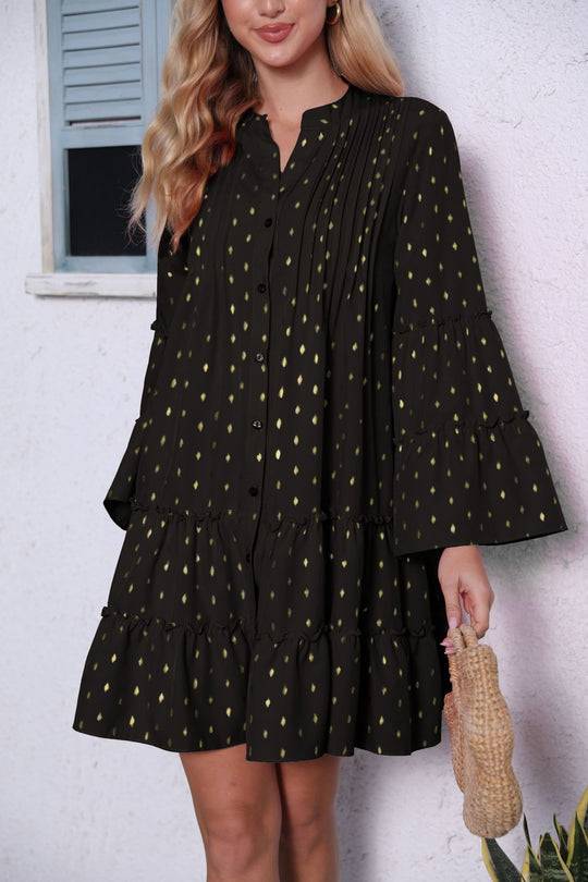 Damen lässiges Hemdblusenkleid mit Rüschendetails und Knopfleiste EB