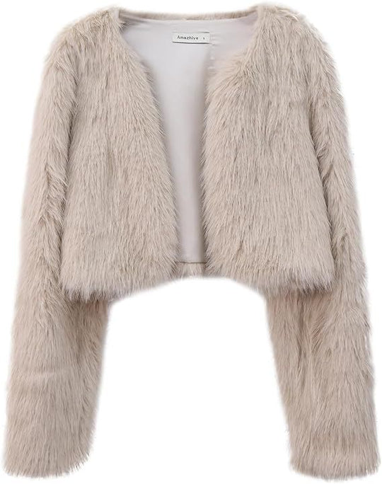 Damen Kurze glamouröse Kunstfelljacke mit lockeren Ärmeln EB