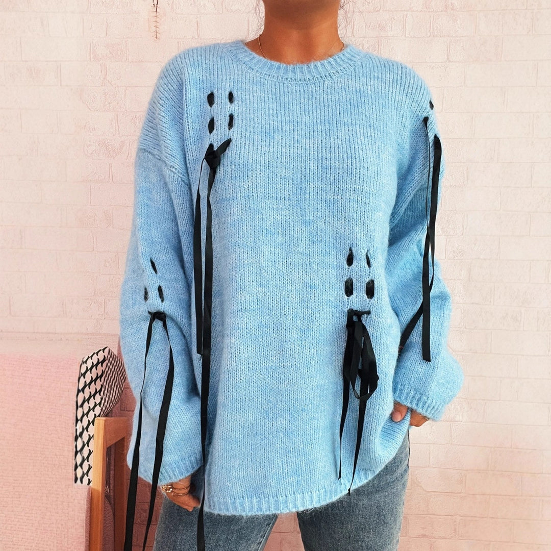 Damen lässiger Strickpullover mit dekorativen Bindebändern EB
