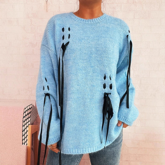 Damen modischer Oversize-Pullover mit einzigartigen Schnürdetails EB