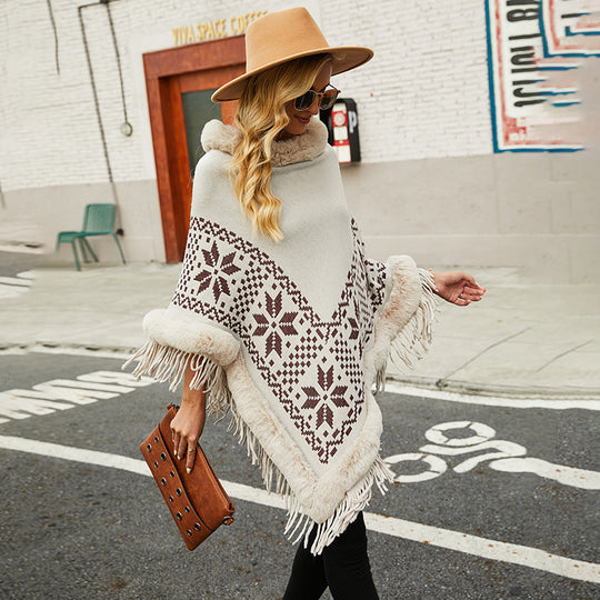 Damen eleganter Poncho mit dekorativem Fransen-Design und Kunstfellbesatz EB
