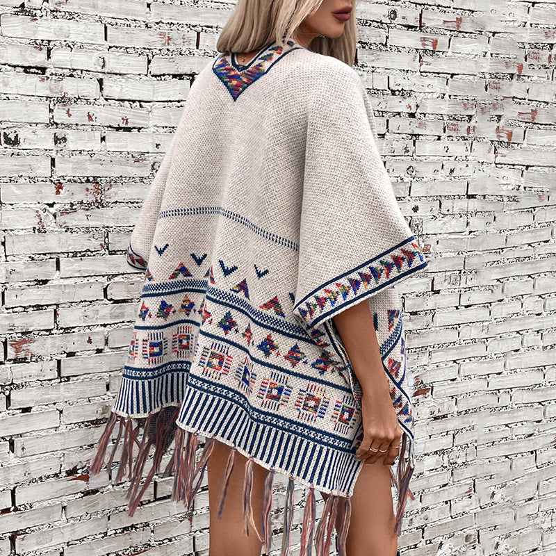 Damen stilvolle Poncho mit buntem Ethnomuster EB