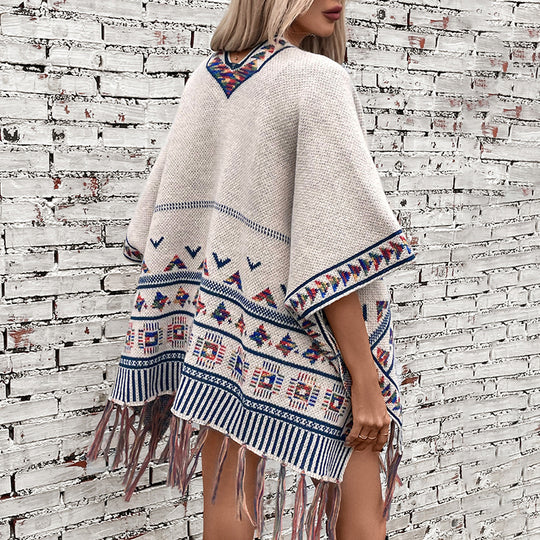 Damen stilvolle Poncho mit buntem Ethnomuster EB