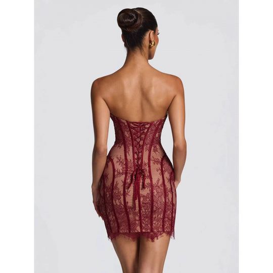 Damen Sexy Spitzenkleid mit gerafftem Schnitt und herzförmigem Ausschnitt EB