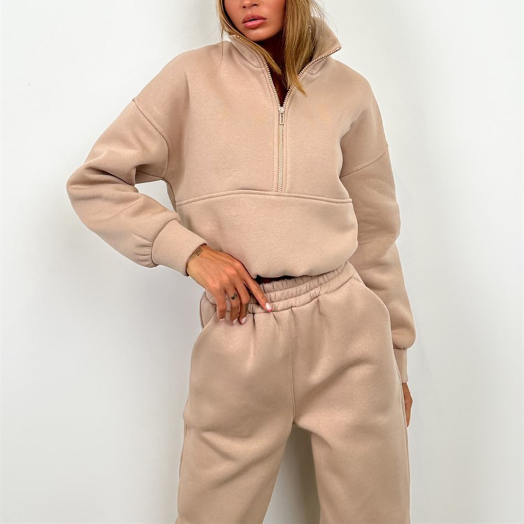 Damen nan cropped Half-Zip Fleece-Set zweiteilig mit hohem Bund und elastischen Bündchen EB