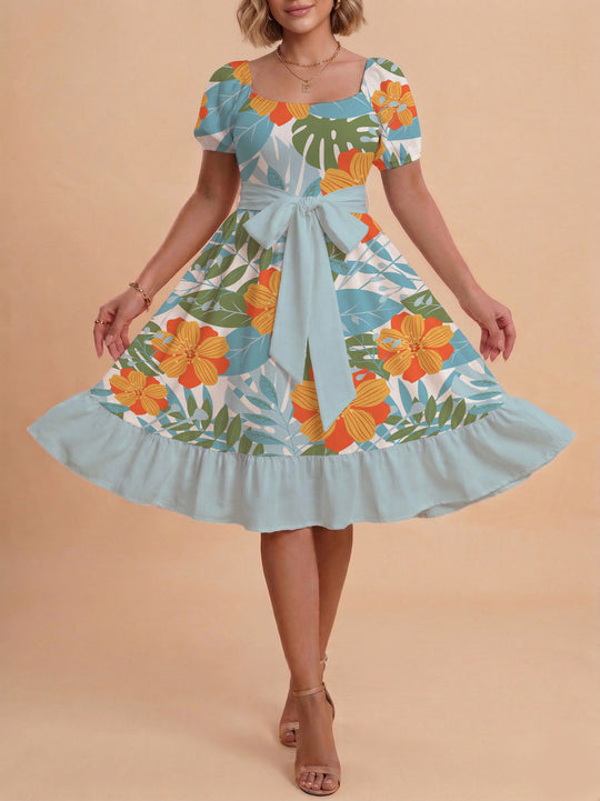 Damen A-Linien-Kleid mit floralen Motiven und taillierbarem Gürtel EB