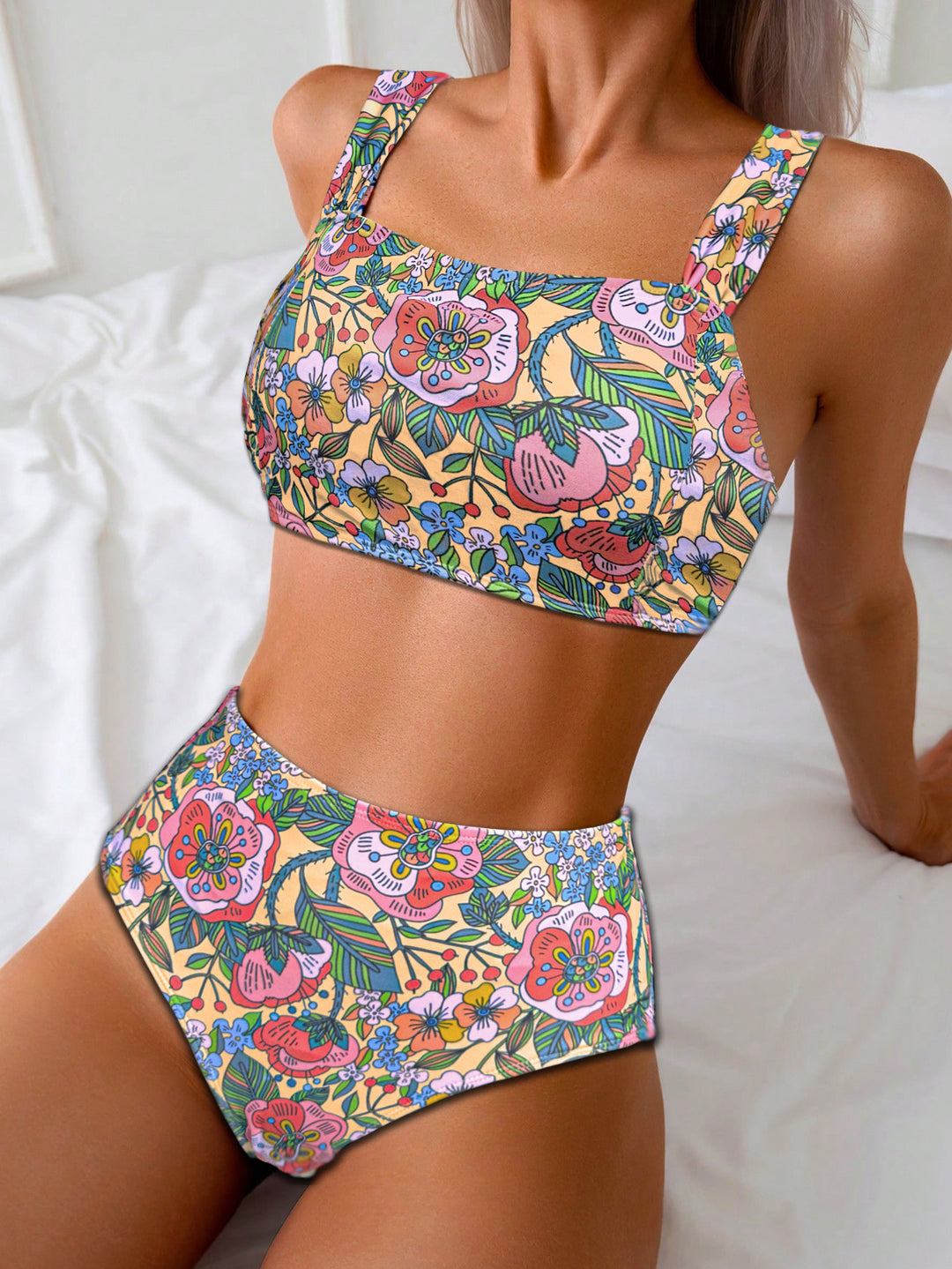Damen Hochgeschnittener Tankini mit floralen Mustern EB